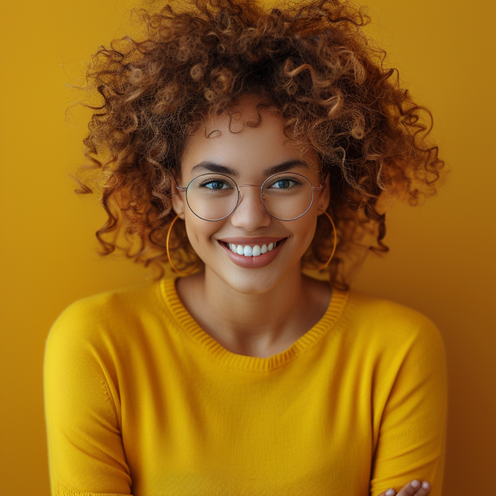 Woman with curly hair in a yellow shirt