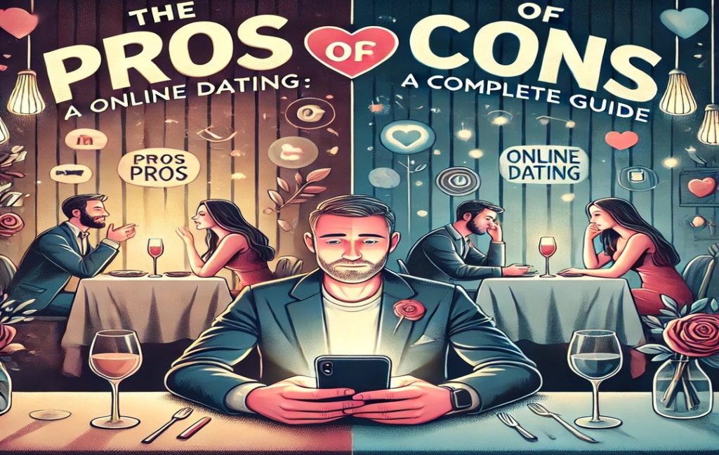 Illustration of online dating pros and cons debate.