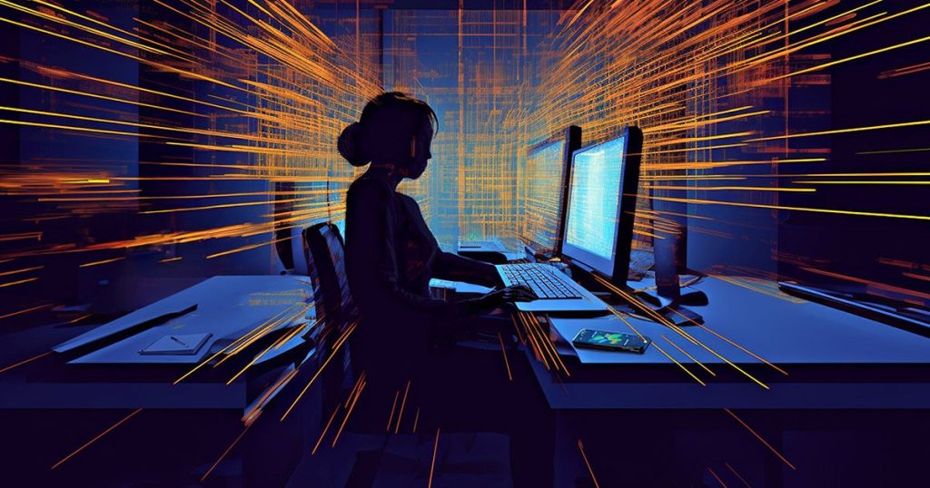 Person sitting at a computer surrounded by digital effects and holographic visuals, focused on the screen.