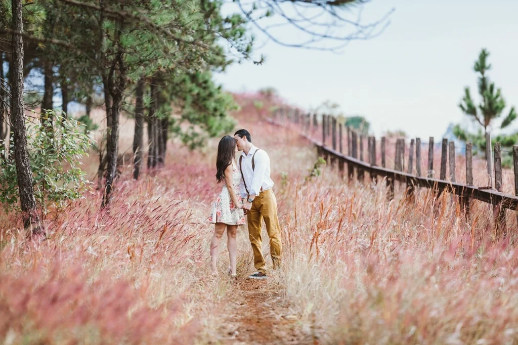 Couple kissing in a field