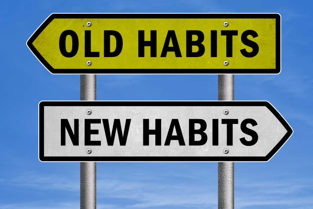 Illustration of signs pointing in different directions, labeled with words like 'old habits' and 'new habits,' symbolizing the journey of adopting 10 healthy habits.