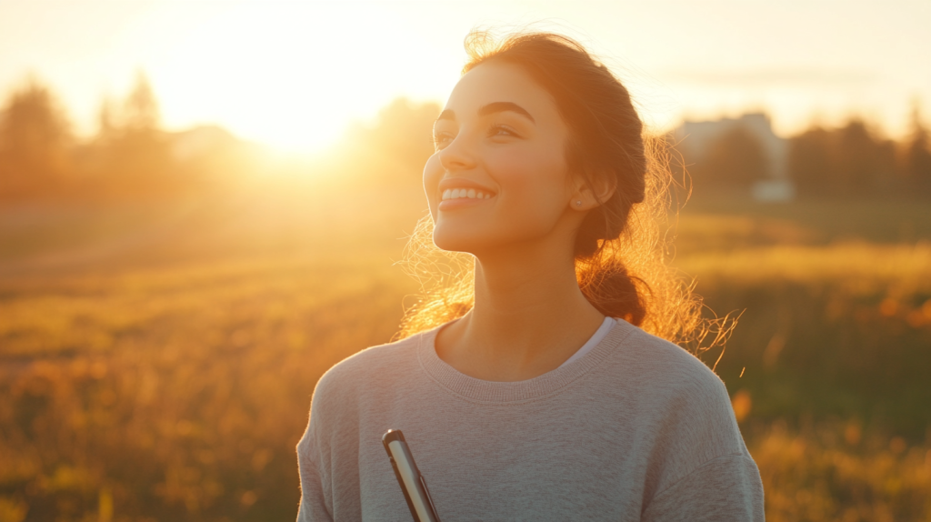 A confident young woman standing outdoors on a bright morning, smiling with excitement and energy, looking towards the horizon as if ready to take on the world.