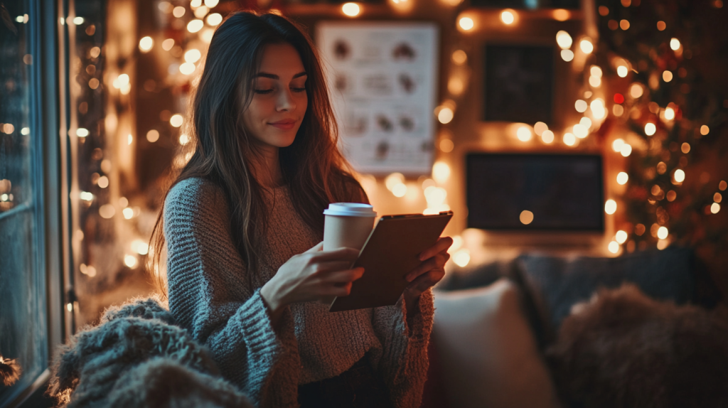 A confident woman standing in a cozy yet modern holiday-themed home, holding a journal and a cup of coffee, looking motivated and ready to take on the world.