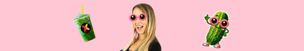 Green drink, smiling woman, cartoon pickle with sunglasses.