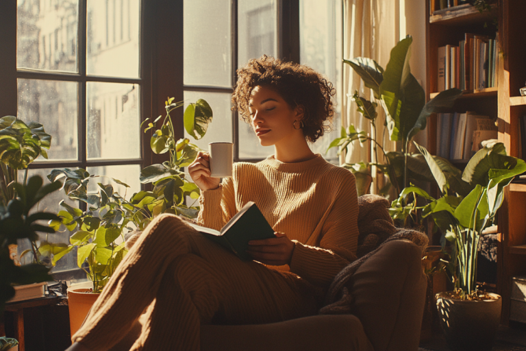 Woman relaxing with book and coffee in sunlight.