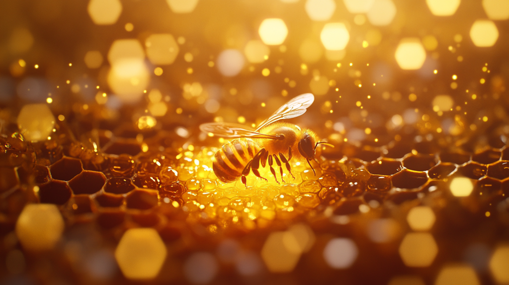Illustration of a glowing queen bee surrounded by worker bees inside a golden hive, symbolizing leadership, resilience, and transformation in times of crisis.