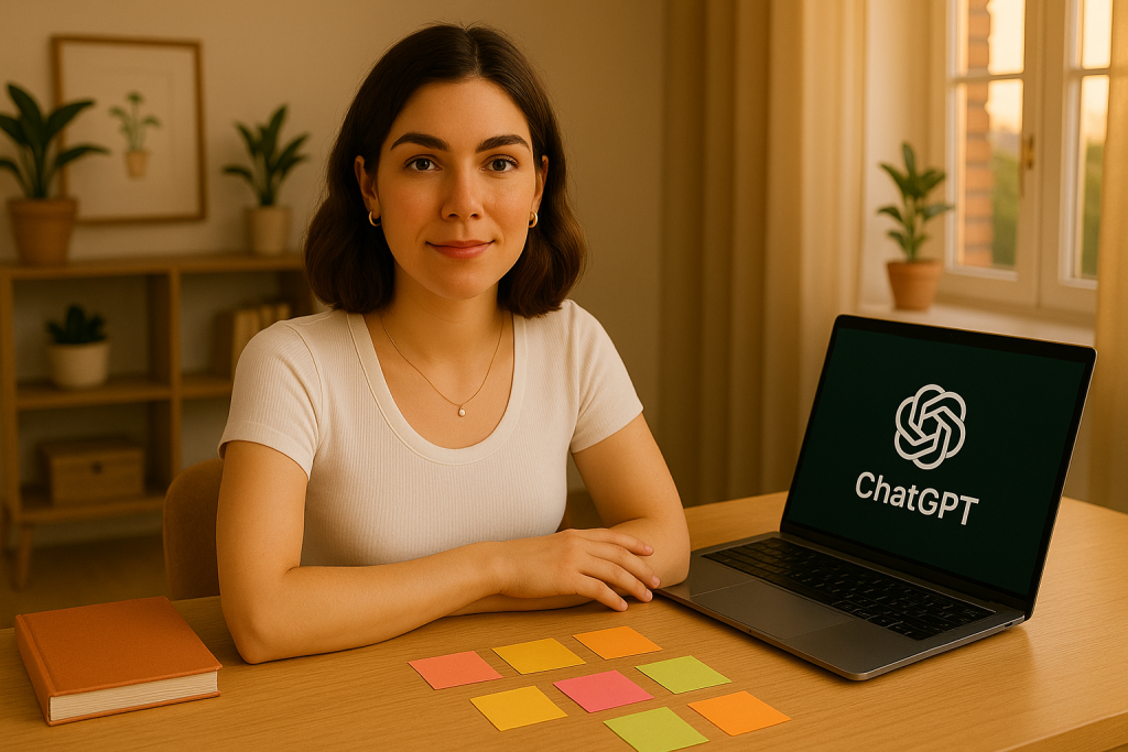 A laptop screen displaying ChatGPT with SEO charts and keyword strategy notes beside it, symbolizing AI-powered content planning for fast ranking in 2025